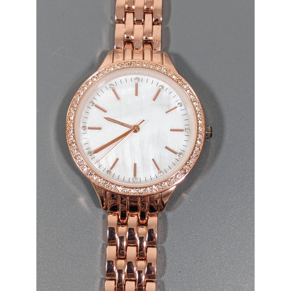INC Rose Gold Tone Panther Link Mother of Pearl Crystal Accent Watch